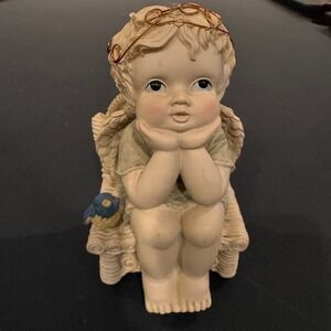 Vintage Musical Angel Cherub Figurine Wicker Chair Bluebird Copper Halo Decor